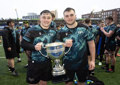 230225  Cardiff Rugby U18s v Ospreys U18s, WRU Regional Age Grade Championship Final - Ospreys players celebrate after winning the Final