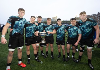 230225  Cardiff Rugby U18s v Ospreys U18s, WRU Regional Age Grade Championship Final - Ospreys players celebrate after winning the Final