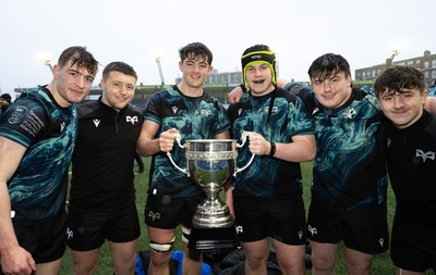 230225  Cardiff Rugby U18s v Ospreys U18s, WRU Regional Age Grade Championship Final - Ospreys players celebrate after winning the Final