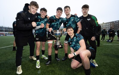 230225  Cardiff Rugby U18s v Ospreys U18s, WRU Regional Age Grade Championship Final - Ospreys players celebrate after winning the Final