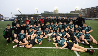 230225  Cardiff Rugby U18s v Ospreys U18s, WRU Regional Age Grade Championship Final - Ospreys players celebrate after winning the Final