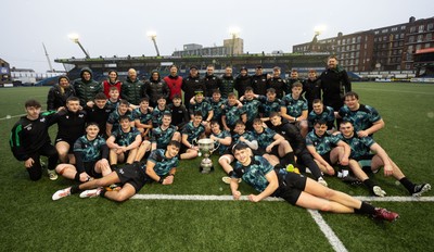 230225  Cardiff Rugby U18s v Ospreys U18s, WRU Regional Age Grade Championship Final - Ospreys players celebrate after winning the Final