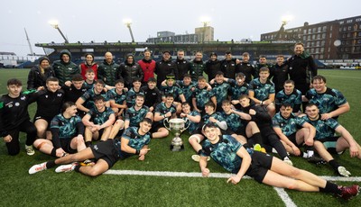 230225  Cardiff Rugby U18s v Ospreys U18s, WRU Regional Age Grade Championship Final - Ospreys players celebrate after winning the Final