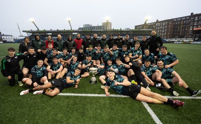 230225  Cardiff Rugby U18s v Ospreys U18s, WRU Regional Age Grade Championship Final - Ospreys players celebrate after winning the Final