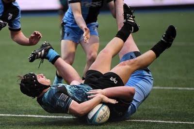 230225 - Cardiff Rugby U18s v Ospreys U18s - Regional Age-Grade Championship finals - Thomas Edwards of Ospreys U18s scores a try