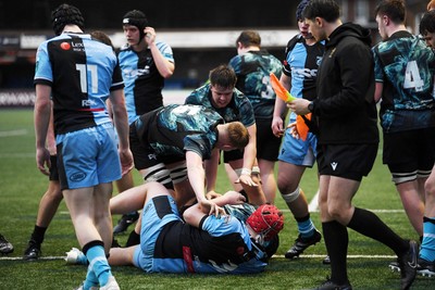 230225 - Cardiff Rugby U18s v Ospreys U18s - Regional Age-Grade Championship finals - Thomas Edwards of Ospreys U18s scores a try