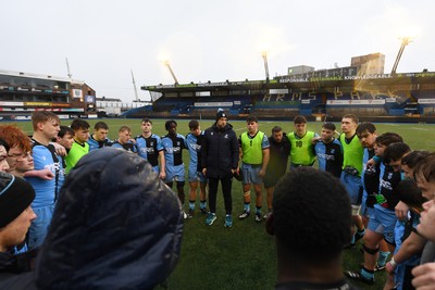 230225 - Cardiff Rugby U18s v Ospreys U18s - Regional Age-Grade Championship finals - Cardiff huddle at full time