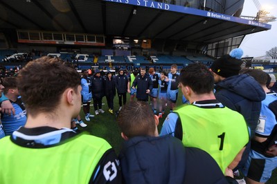 230225 - Cardiff Rugby U18s v Ospreys U18s - Regional Age-Grade Championship finals - Cardiff huddle at full time