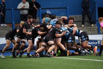 310825 - Cardiff Rugby U18s v RGC U18s - Cardiff push the scrum over the line to score a try