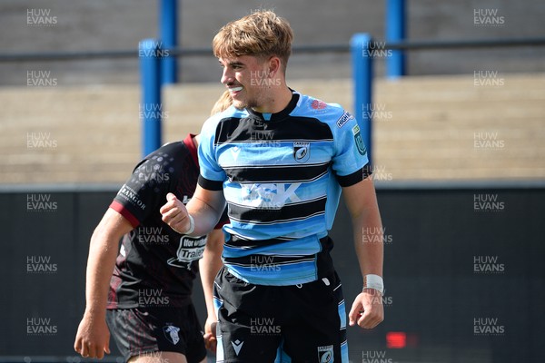 310825 - Cardiff Rugby U18s v RGC U18s - Harvey Bryant of Cardiff celebrates scoring a try