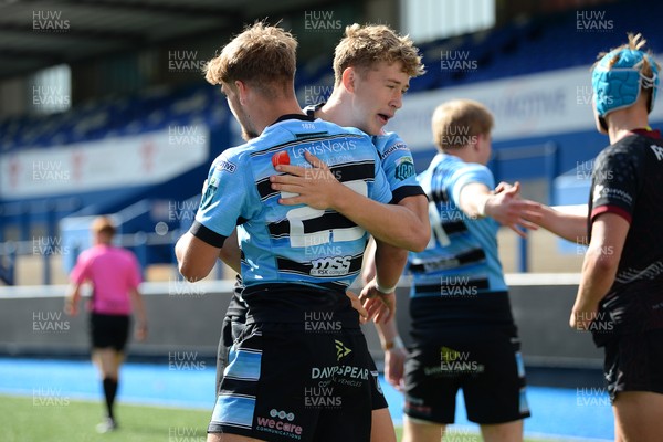 310825 - Cardiff Rugby U18s v RGC U18s - Harvey Bryant of Cardiff celebrates scoring a try