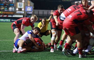 060924 - Cardiff Rugby v Bath Rugby, Pre-season Friendly - Liam Belcher of Cardiff Rugby powers over to score try