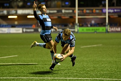 111025 - Cardiff Rugby v Connacht - United Rugby Championship - Tom Bowen of Cardiff Rugby scores a try