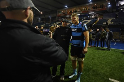 111025 - Cardiff Rugby v Connacht - United Rugby Championship - Josh McNally of Cardiff Rugby with fans at full time