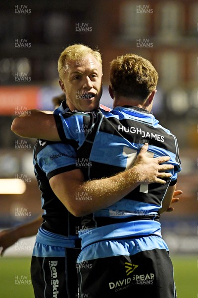 111025 - Cardiff Rugby v Connacht - United Rugby Championship - Tom Bowen of Cardiff Rugby celebrates scoring a try with Johan Mulder of Cardiff Rugby