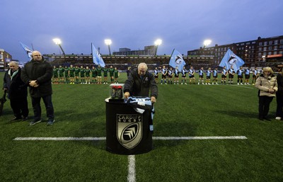 170224 - Cardiff Rugby v Connacht Rugby, United Rugby Championship - Sir Gareth Edwards leads former players and family  in tribute to legendary Cardiff, Wales and British Lions  outside half Barry John who died recently