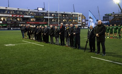 170224 - Cardiff Rugby v Connacht Rugby, United Rugby Championship - Former players line up in tribute to legendary Cardiff outside half Barry John who died recently