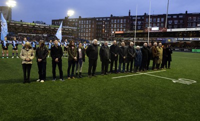 170224 - Cardiff Rugby v Connacht Rugby, United Rugby Championship - Family line up in tribute to legendary Cardiff outside half Barry John who died recently