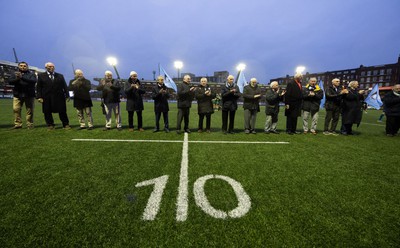 170224 - Cardiff Rugby v Connacht Rugby, United Rugby Championship - Former players line up in tribute to legendary Cardiff outside half Barry John who died recently