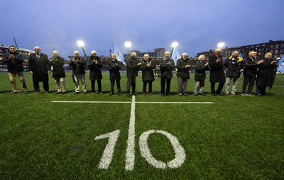 170224 - Cardiff Rugby v Connacht Rugby, United Rugby Championship - Former players line up in tribute to legendary Cardiff outside half Barry John who died recently