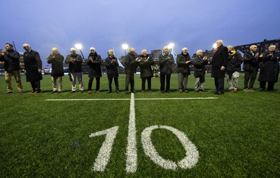 170224 - Cardiff Rugby v Connacht Rugby, United Rugby Championship - Former players line up in tribute to legendary Cardiff outside half Barry John who died recently