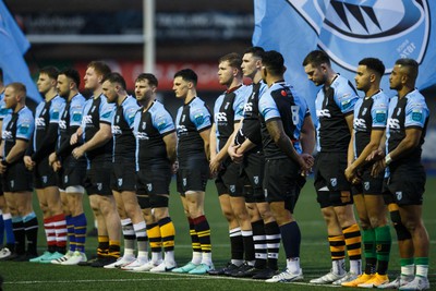 170224 - Cardiff Rugby v Connacht - United Rugby Championship - Cardiff players during a tribute to Barry John