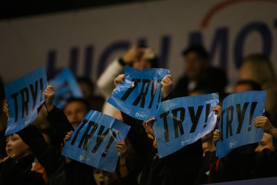 170224 - Cardiff Rugby v Connacht - United Rugby Championship - Fans celebrate a try