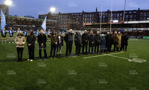 170224 - Cardiff Rugby v Connacht Rugby, United Rugby Championship - Family line up in tribute to legendary Cardiff outside half Barry John who died recently