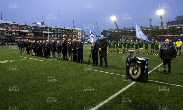 170224 - Cardiff Rugby v Connacht Rugby, United Rugby Championship - Former players line up in tribute to legendary Cardiff outside half Barry John who died recently