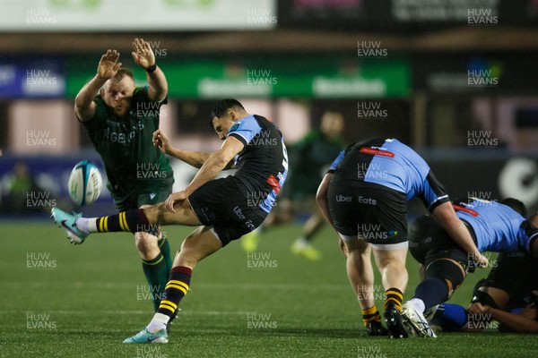 170224 - Cardiff Rugby v Connacht - United Rugby Championship - Ellis Bevan of Cardiff kicks the ball