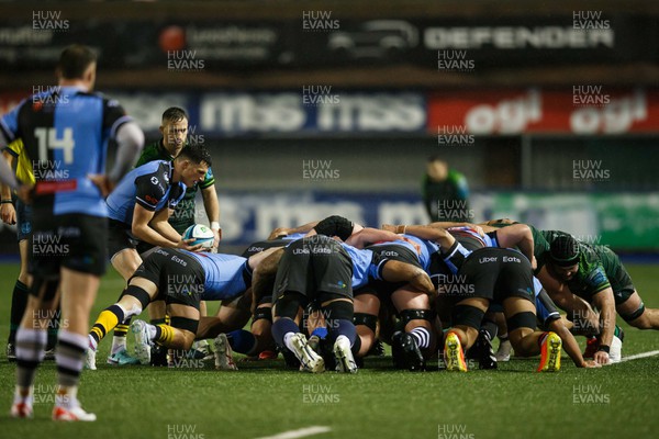 170224 - Cardiff Rugby v Connacht - United Rugby Championship - Ellis Bevan of Cardiff feeds a scrum