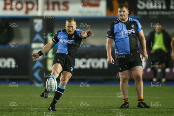 170224 - Cardiff Rugby v Connacht - United Rugby Championship - Tinus de Beer of Cardiff kicks the ball