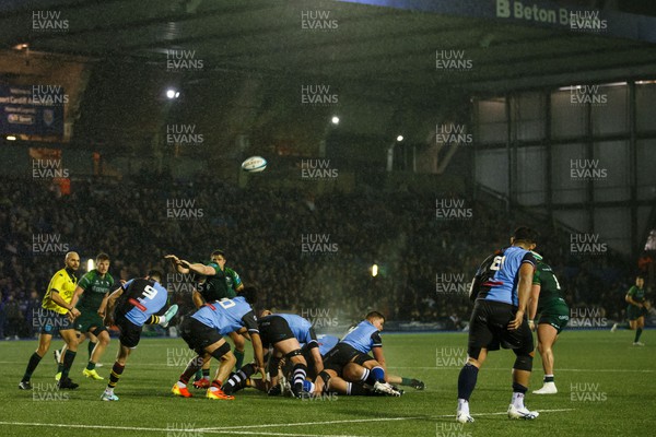 170224 - Cardiff Rugby v Connacht - United Rugby Championship - Ellis Bevan of Cardiff clears the ball