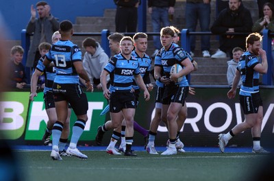 150526 - Cardiff Rugby v DHL Stormers - United Rugby Championship - Jacob Beetham of Cardiff celebrates scoring a try with team mates