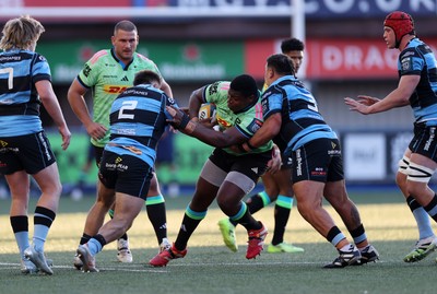150526 - Cardiff Rugby v DHL Stormers - United Rugby Championship - Ntuthuko Mchunu of Stormers is tackled by Liam Belcher and Javan Sebastian of Cardiff 