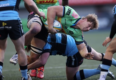 150526 - Cardiff Rugby v DHL Stormers - United Rugby Championship - Evan Roos of Stormers is tackled by Dan Thomas of Cardiff 