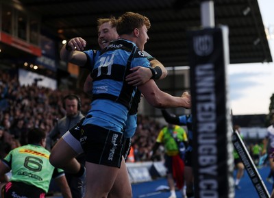 150526 - Cardiff Rugby v DHL Stormers - United Rugby Championship - Jacob Beetham of Cardiff celebrates scoring a try with team mates