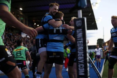 150526 - Cardiff Rugby v DHL Stormers - United Rugby Championship - Jacob Beetham of Cardiff celebrates scoring a try with team mates