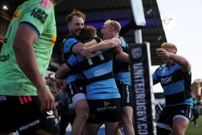 150526 - Cardiff Rugby v DHL Stormers - United Rugby Championship - Jacob Beetham of Cardiff celebrates scoring a try with team mates