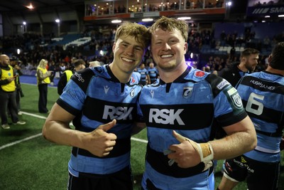 150526 - Cardiff Rugby v DHL Stormers - United Rugby Championship - Jacob Beetham and Evan Lloyd of Cardiff at full time