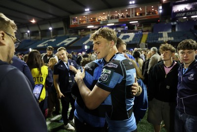 150526 - Cardiff Rugby v DHL Stormers - United Rugby Championship - Jacob Beetham of Cardiff with fans at full time