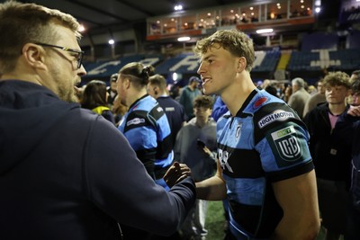 150526 - Cardiff Rugby v DHL Stormers - United Rugby Championship - Jacob Beetham of Cardiff with fans at full time