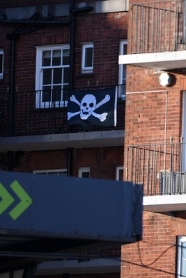 150526 - Cardiff Rugby v DHL Stormers - United Rugby Championship - A skull and bones flag above the stadium