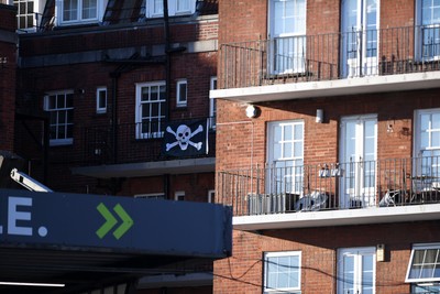 150526 - Cardiff Rugby v DHL Stormers - United Rugby Championship - A skull and bones flag above the stadium
