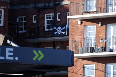 150526 - Cardiff Rugby v DHL Stormers - United Rugby Championship - A skull and bones flag above the stadium