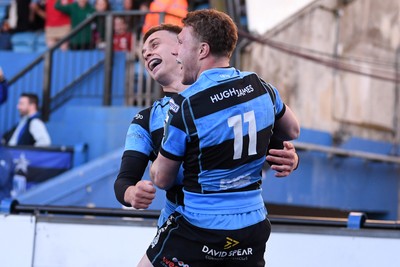 150526 - Cardiff Rugby v DHL Stormers - United Rugby Championship - Tom Bowen of Cardiff Rugby celebrates scoring a try with team mates