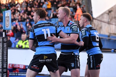 150526 - Cardiff Rugby v DHL Stormers - United Rugby Championship - Tom Bowen of Cardiff Rugby celebrates scoring a try with team mates