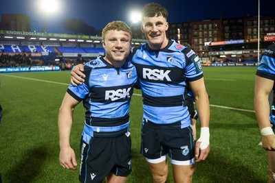 150526 - Cardiff Rugby v DHL Stormers - United Rugby Championship - Tom Bowen of Cardiff Rugby and Elis Bevan of Cardiff Rugby at full time