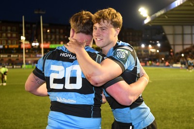 150526 - Cardiff Rugby v DHL Stormers - United Rugby Championship - Evan Lloyd of Cardiff Rugby and Jacob Beetham of Cardiff Rugby at full time