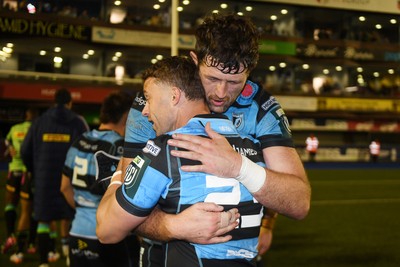 150526 - Cardiff Rugby v DHL Stormers - United Rugby Championship - James Botham of Cardiff Rugby with Leigh Halfpenny of Cardiff Rugby at full time